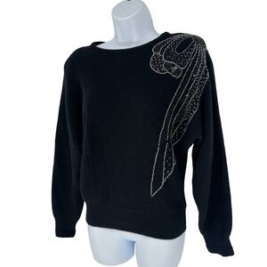 Vintage Marisa Christina 80s Wool Angora Black Sweater Embroidered Beaded Medium